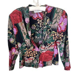 Vtg Womens Blouse Karen Kane Petites Floral Long Sleeve Wrap Medium Rayon Red